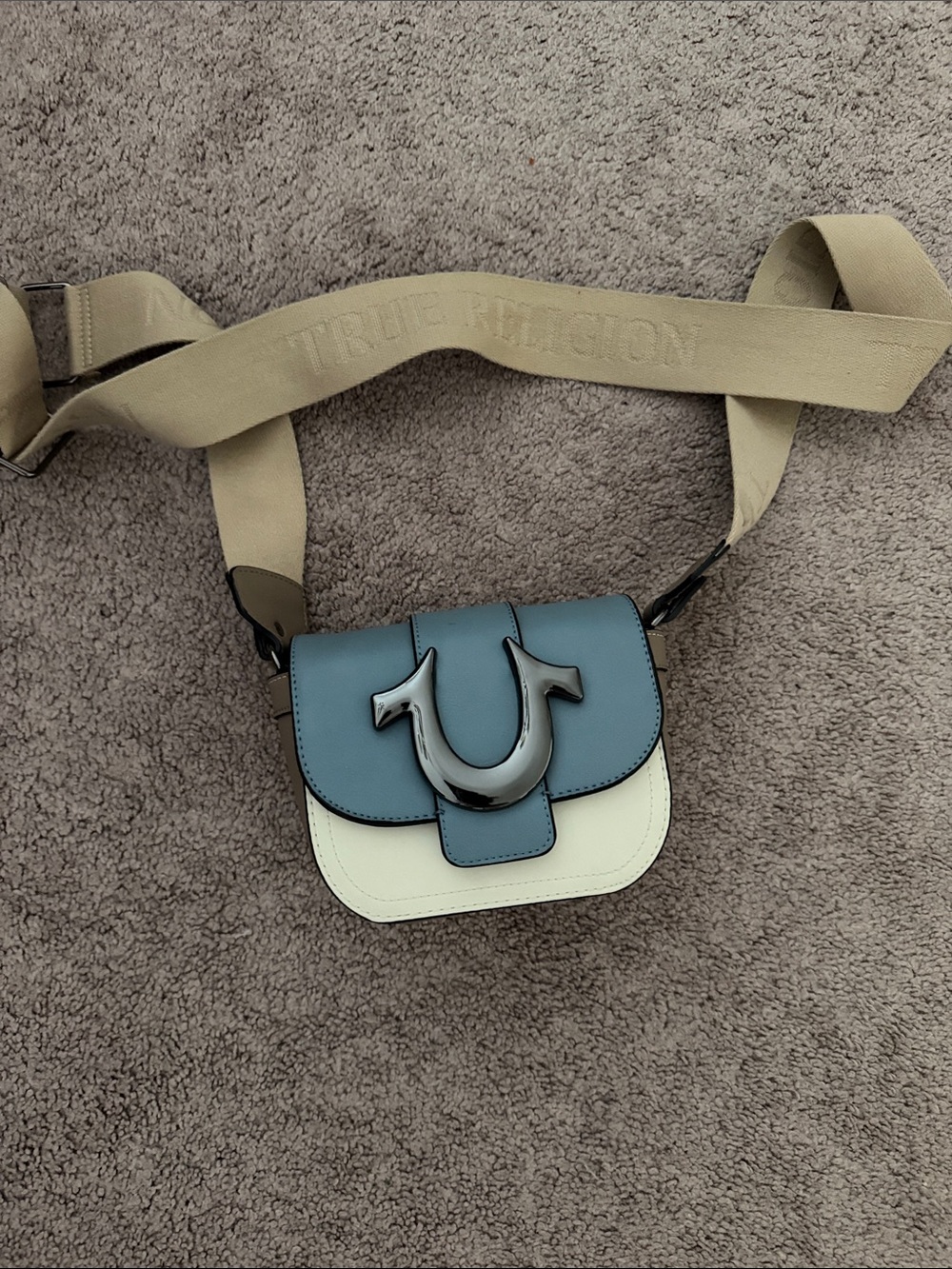 True Religion Blue and Cream Mini Crossbody with Logo Clasp
